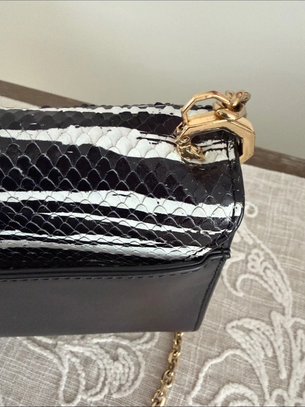 Louise et Cie Zebra Stripe Embossed/Leather Black & White Bag with Chain Strap
